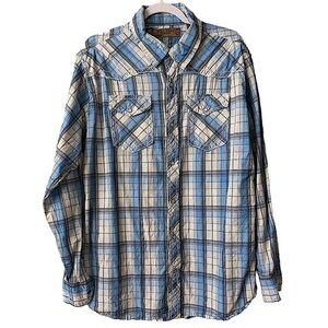 𝅺RED Snap Blue and White Plaid Pearl Snap Western Shirt Size XL
